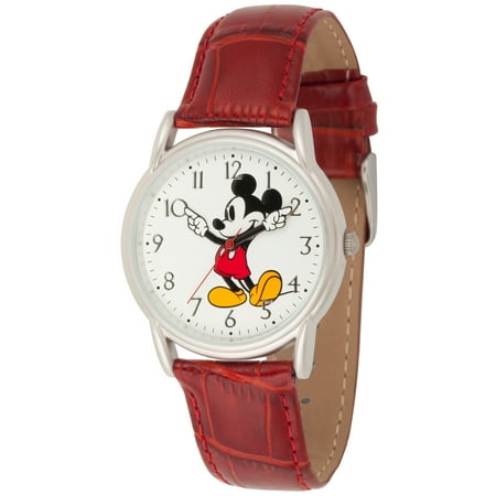 Mickey Mouse Men's Silver Cardiff Alloy Watch, Red Leather Strap