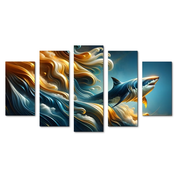Cuadro decorativo para sala, recamara, Abstracto Tiburón Agua Olas, elegante, moderno, minimalista, Set de 5 piezas