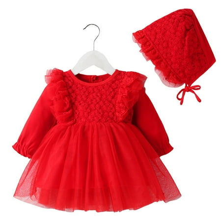 

gvdentm Flower Girl Dress Long Sleeves Lace Top Tulle Skirt Girls Lace Party Dresses Baby Dresser Red 0-3 Months
