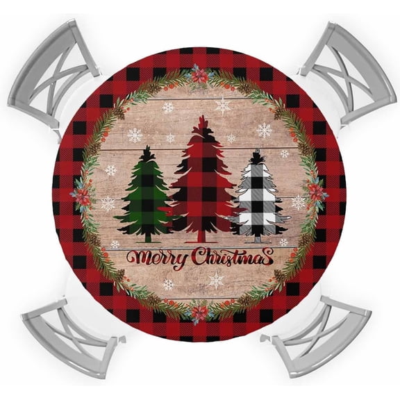 Christmas Elastic Round Tablecloth, Christmas Tree Red Buffalo Plaid Xmas Snowflake Fitted Tablecloths for Round Table Oil-Proof Waterproof Table Cloth (Fit for 36" - 44" Round Tables)