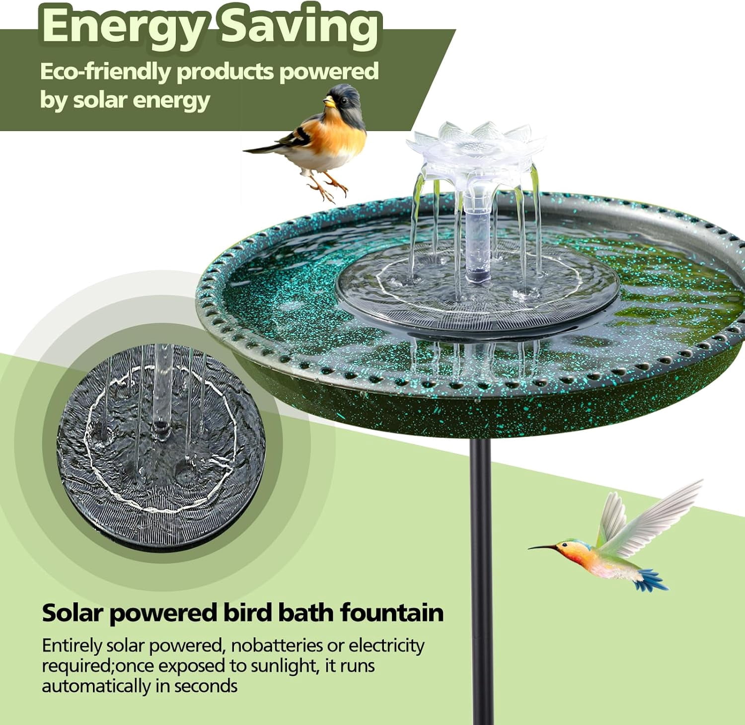 Bird Bath with Solar Powered Fountains for Hummingbirds,Stable Stylish Design with 5-Prong Base Stake Plastic Bird Bath for Outside Patio Yard Garden(Gift)