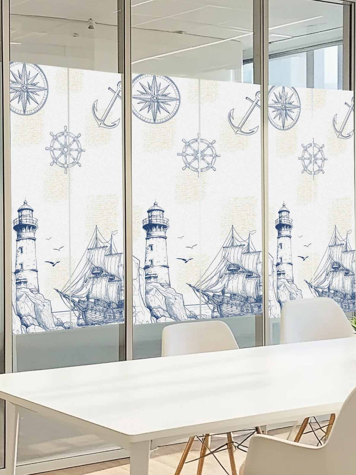 Lighthouse Sailboat Seagull Window Privacy Film, Nautical Ship Ocean Blue Sketch Frosted Glass Window Clings Static Cling UV Heat Blocking Reusable Door Sticker for Bathroom 23.6 x 59 Inch