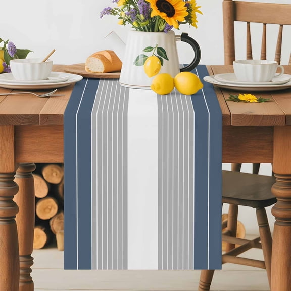 Burlap Table Runner 36 Inches Long, Haze Blue Gray Stripe Line Non-Slip Kitchen Table Runners for Dining Room Everyday Use Party Table Decorations