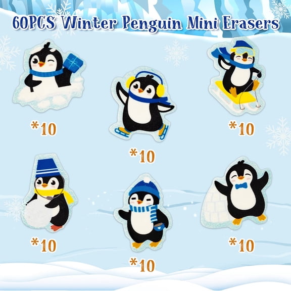 Laffact Penguin Shape Mini Eraser, Pencil Eraser for Teaching Prizes,60pcs