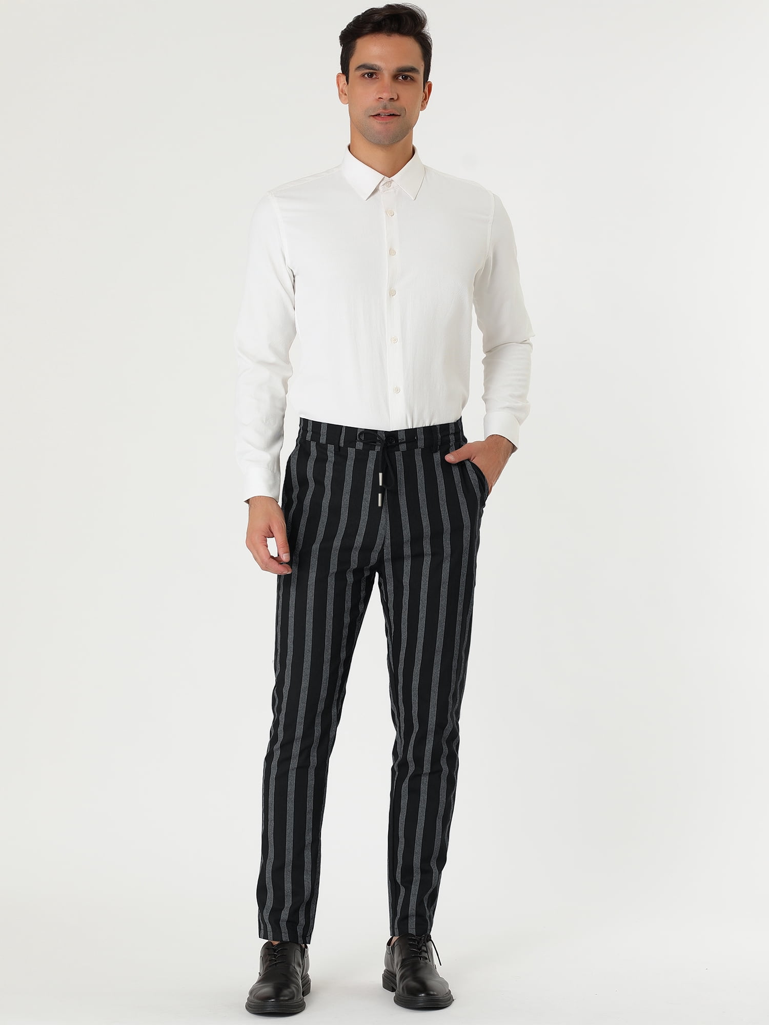 Unique Bargains Men's Casual Striped Dress Pants Slim Fit Contrast Color Suit Trousers 34 Black