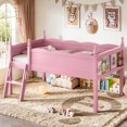 thumbnail image 3 of Leumius Twin Size Loft Bed with Full-Length Guardrails, Solid Wood Low Loft Bed with Ladders and Beside Book Shelf, Chic Shape and Low Profile Design for Boys Girls Pink, 3 of 9