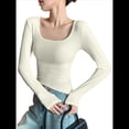 thumbnail image 1 of Camisetas de Larga para Mujer, Blusas de Cuello Cuadrado, Blusas Básicas de Punto Acanalado, Conjuntos de Otoño, Ropa de Moda Albaricoque XL, 1 of 7