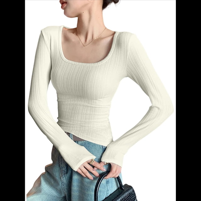 Camisetas de Larga para Mujer, Blusas de Cuello Cuadrado, Blusas Básicas de Punto Acanalado, Conjuntos de Otoño, Ropa de Moda Albaricoque XL
