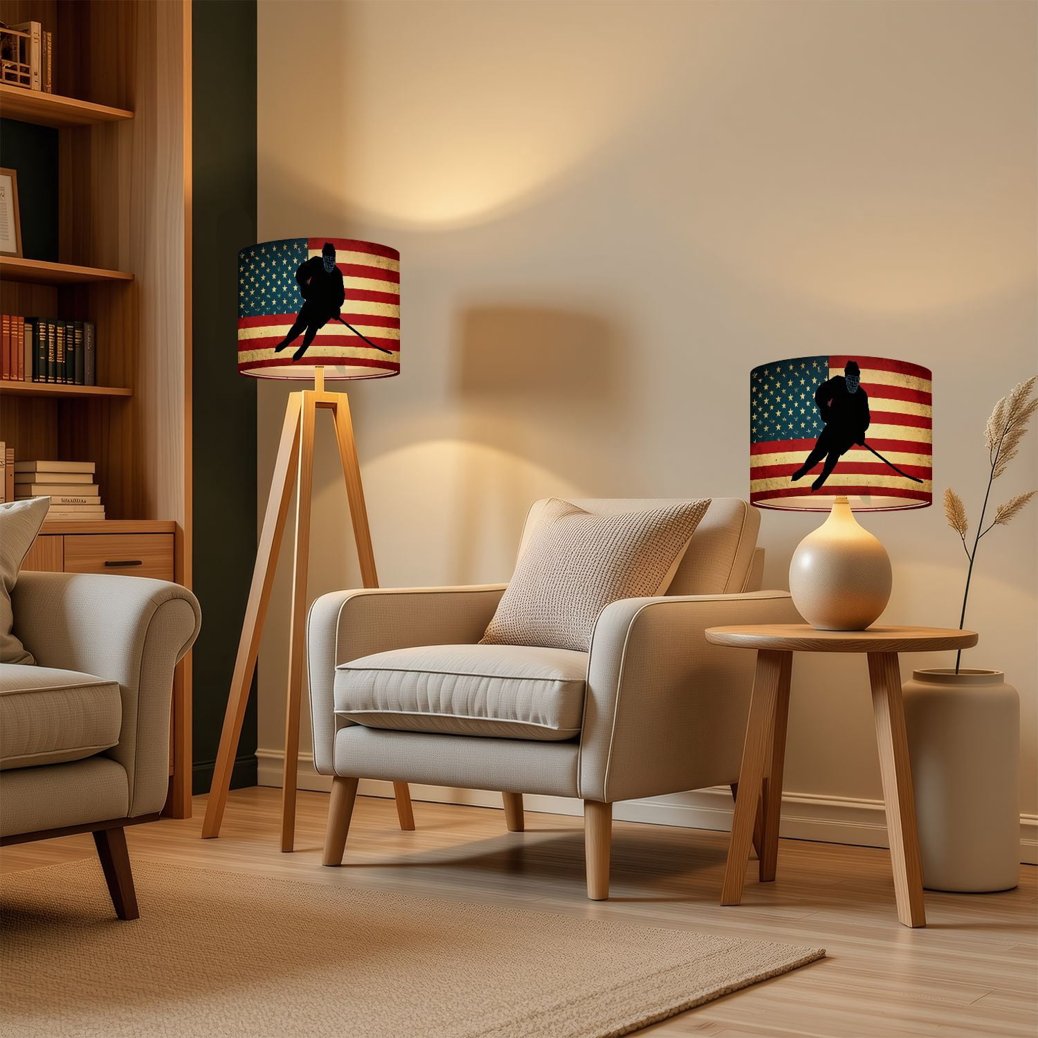 Lamp Shades Set of 2 Silhouette Hockey Player Against American Flag Independence Day 13" x 13" x 10" Lampshade for Table Lamps Floor Lamps Lamp Shade Replacement Easy Assembly Required