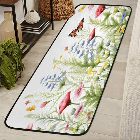 CURLYOOT Wildflowers Floral Butterfly Runner Rug 2'x6' Washable Kitchen Runner Rug Indoor Non Slip Laundry Rugs Floor Carpet for Hallway Kitchen Entryway Bedroom Living Room