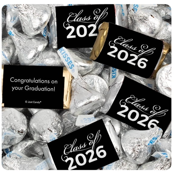 124 Pcs Graduation Class of 2026 Black Wrapped Miniatures and Silver Kisses Candy Mix (1.52 lbs)