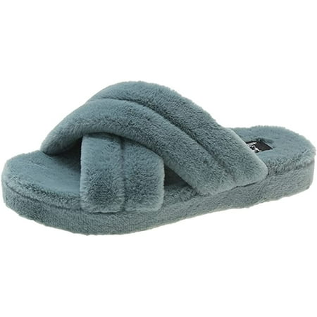 

CoCopeaunts Women s Soft Plush House Slippers Fuzzy Cross Band Plush Slide-on Sandal Open Toe Cozy Indoor Outdoor Slippers