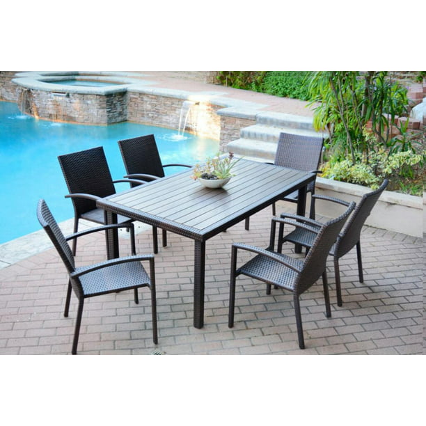 7-Piece Espresso Resin Wicker Outdoor Dining Table and Chairs Furniture