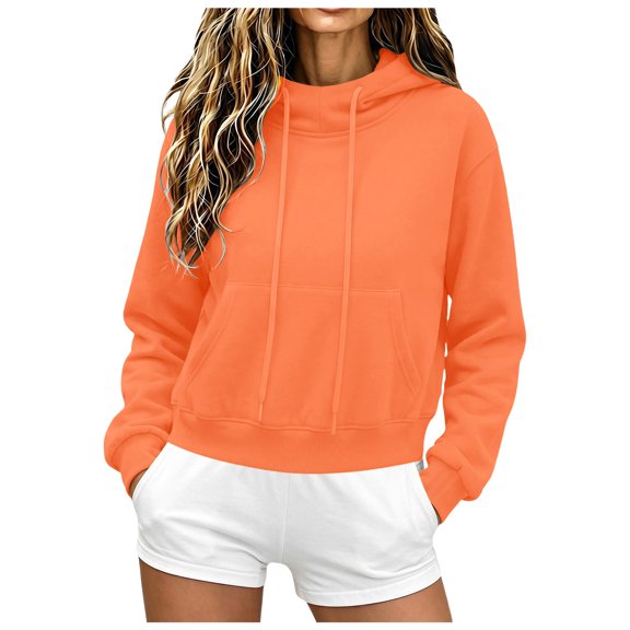 felwors Women's Crop Pullover Hoodie Fleece Casual Sweatshirt Drawstring Long Sleeve Drop Shoulder Y2K Top Orange for Size XXXL