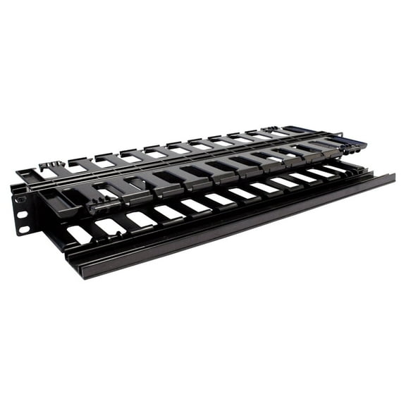 Quest Manufacturing, Horizontal Dual Large Finger Duct With Hinged Covers, 60-110 Cables, 1U, 19", Black