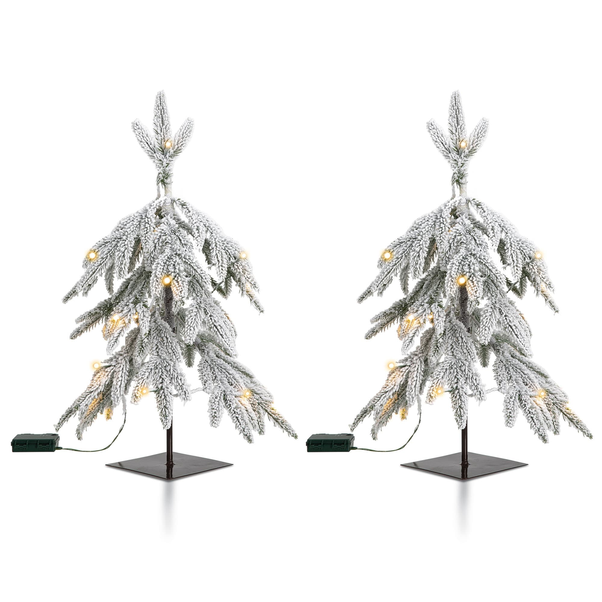 Glitzhome 2 Pack 2ft Pre-Lit Downward Wrapped Flocked Pine Artificial ...