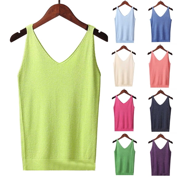 YHAJDS Women's Tank Tops Basic Undershirt Tanks Solid Color V Neck Shiny Yarn Knit Fitted Sleeveless Cami