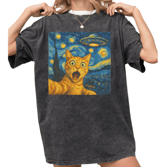 Women's Funny Starry Night Cat UFO Style Aesthetic Graphic Casual Washed T Shirt Black S-2XL Plus Size