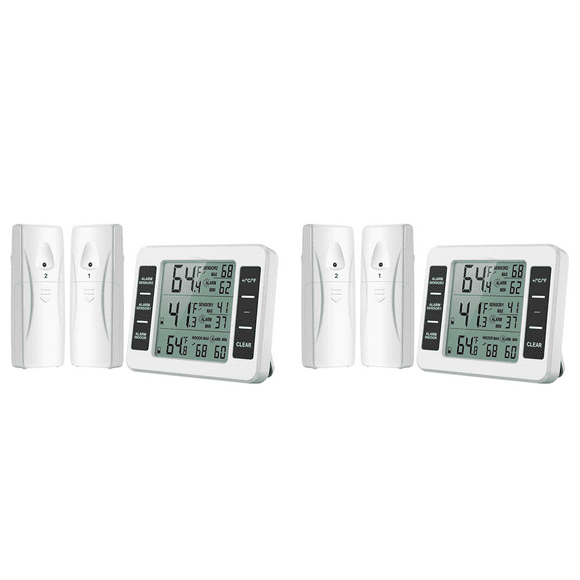 2X Wireless Refrigerator Thermometer Digital Freezer Thermometer Temperature Monitor with 4 Sensors for Indoor Outdoor