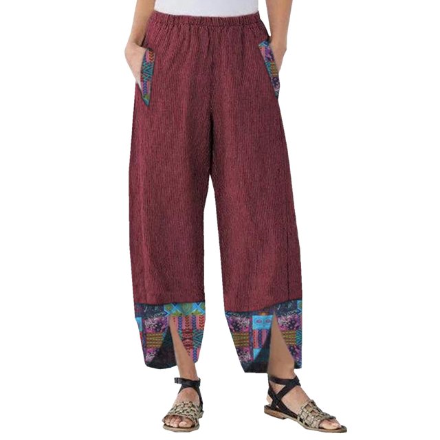 Pantalones de mezclilla afelpados Gibobby mujer pierna ancha informales irregulares con cintura elástica Estampado suelto rojo XL