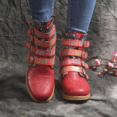 

Tawop Wide Width Boots For Women Vintage Red Boots Large Printed European And American Style Leather Boots Go Go Boots Women Women Boots