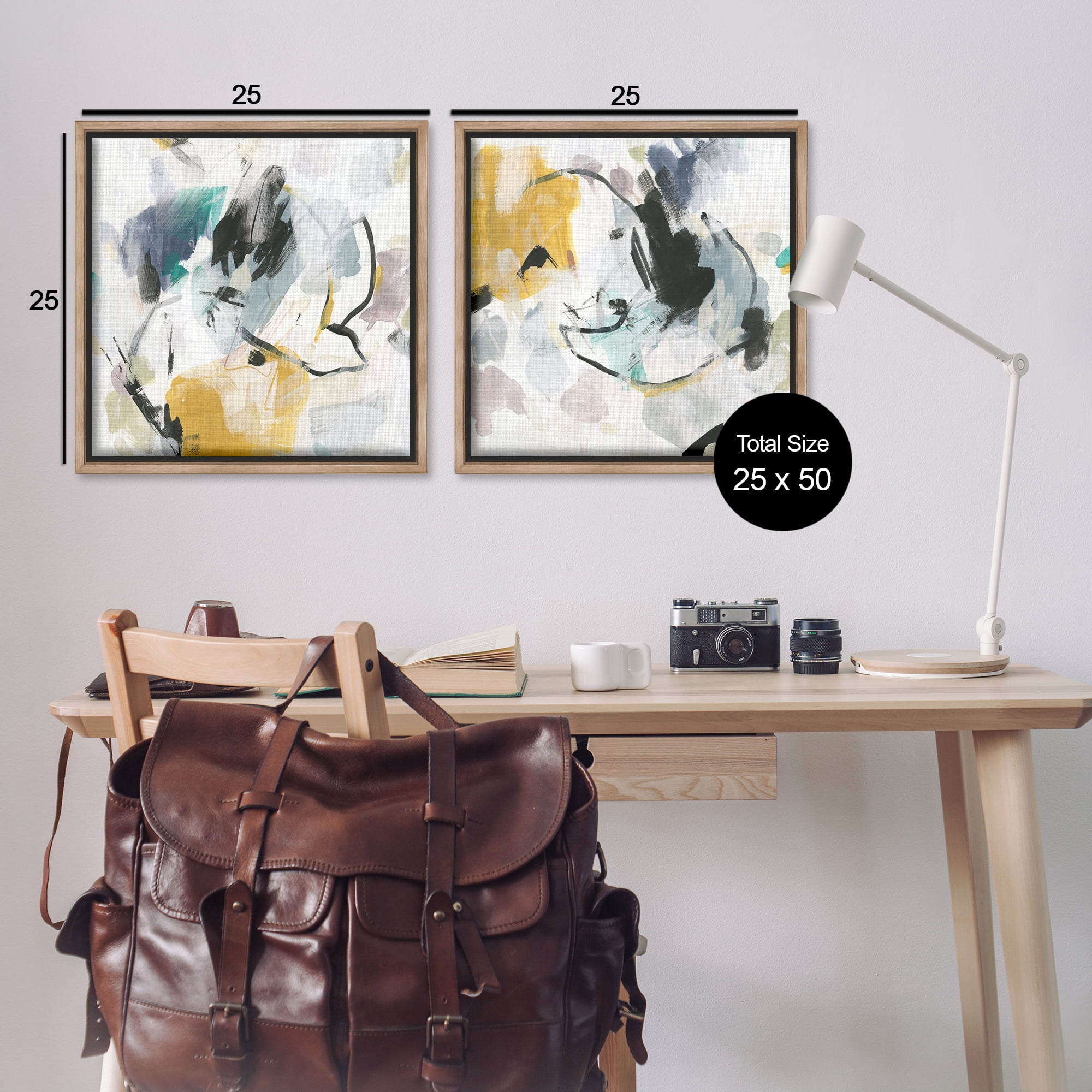 Stupell Industries Black & Yellow Abstract Splash Abstract Painting Brown Floater Framed Canvas Art Print Wall Art, 25 x 25, Set of 2