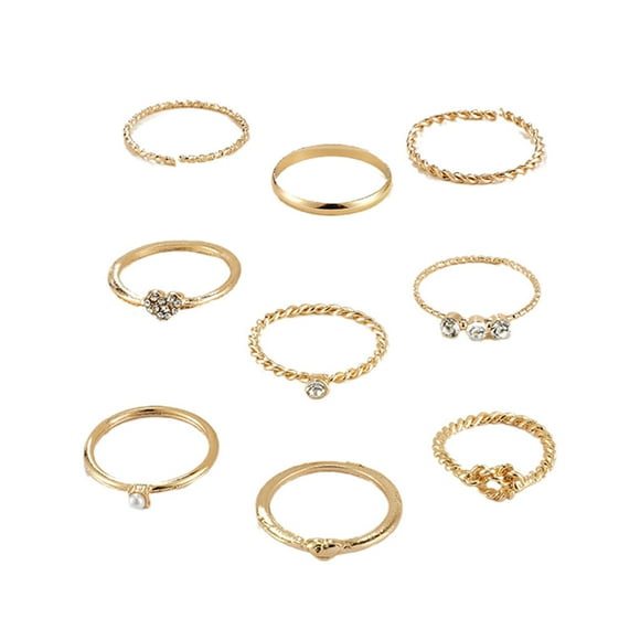 1 Set of 9Pcs Wavy Type Finger Ring Fashion Pearl Rhinestone Studded Ring Tail Ring Jewelry for Women Girls Ladies (Golden)