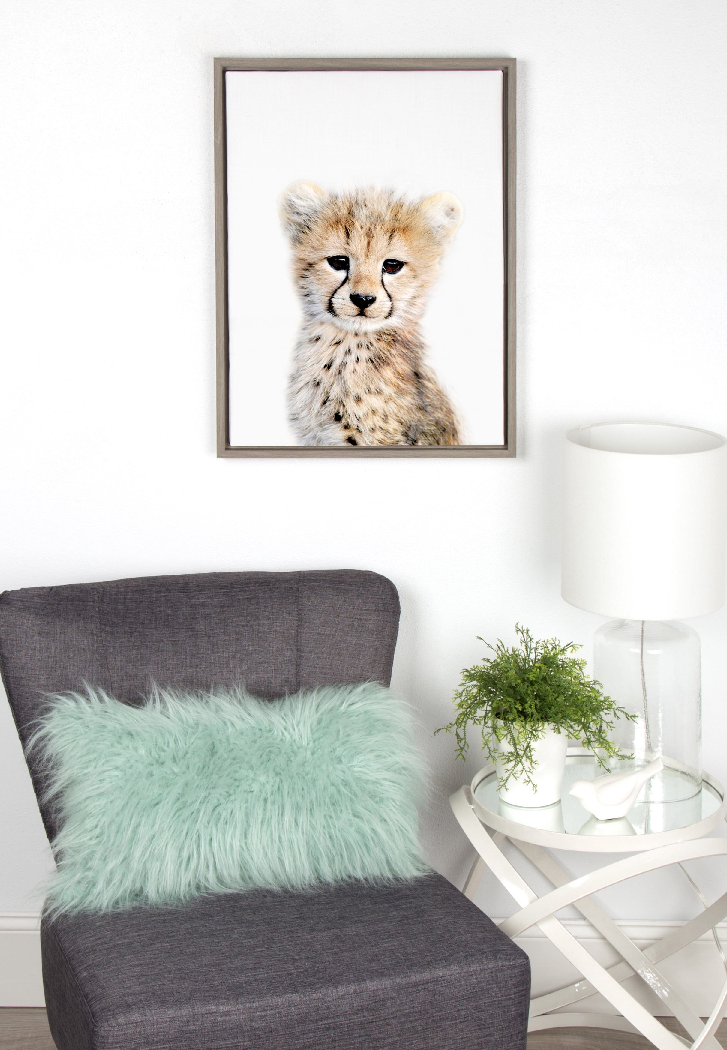 Kate and Laurel Sylvie Baby Cheetah Animal Print Portrait Framed Canvas Wall Art by Amy Peterson, 18x24 Gray