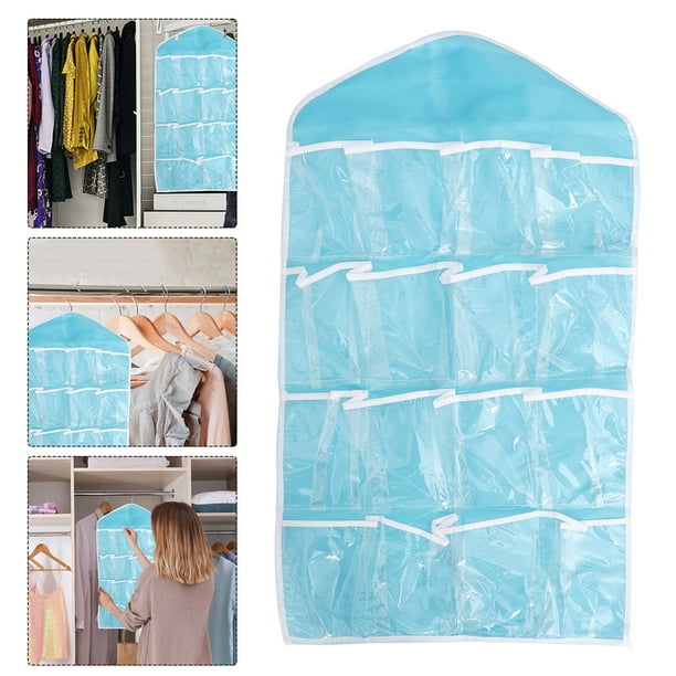 Hanging Closet Underwear Sock Bra Organizer Accessories Storage with 16  Clear Pockets (Blue) 