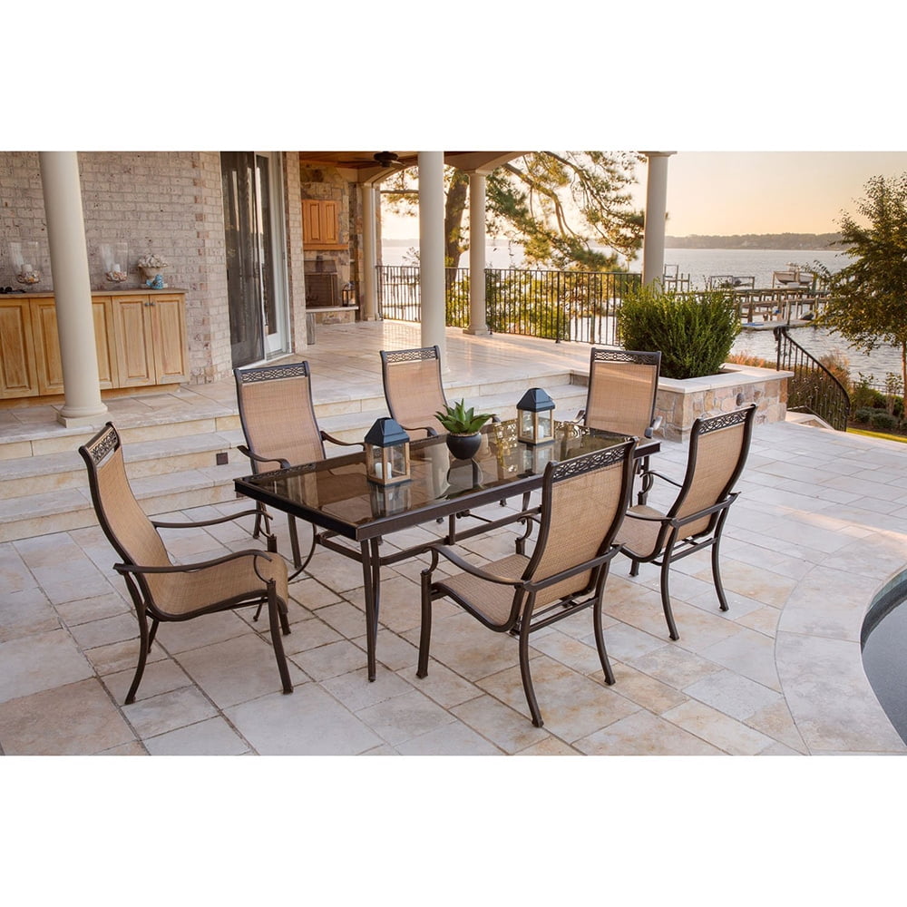 Hanover Monaco 7-Piece Dining Set with Six Sling-back Dining Chairs and One Extra Large Glass-top Dining Table