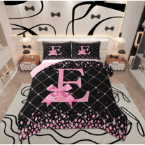 Manfei Kawaii Bowknot Letter E Bedding Comforter Set, Glitter Diamond Twin Comforter Sets, Black Pink Cartoon Reversible Bedding Set, Lightweight Room Decor, 2 Pieces