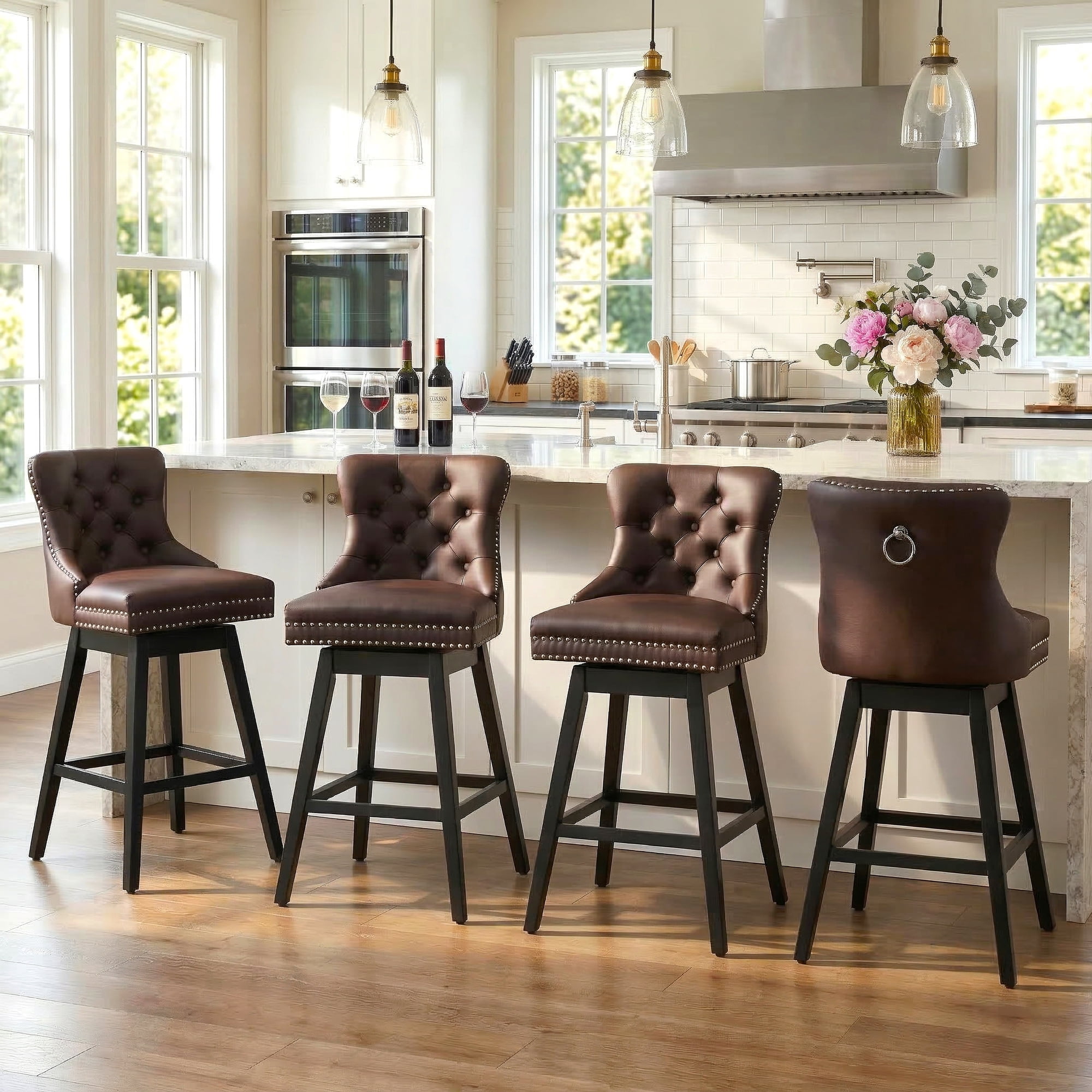 Fahomiss 30" Set of 4 Swivel Bar Stools with Back, Modern Upholstered Bar Height Faux Leather Barstools for Home Bar Kitchen Dining, Brown