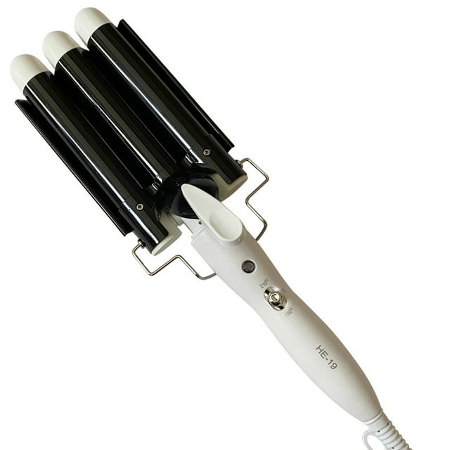 Rizador de cerámica triple de 32 mm, varita de 3 barriles con temperatura ajustable, agitador de cabello portátil que se calienta rápidamente, seco/húmedo, doble negro