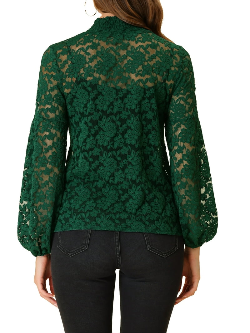 INSPIRE CHIC Women's Floral Lace Top Turtleneck Puff Long Sleeve