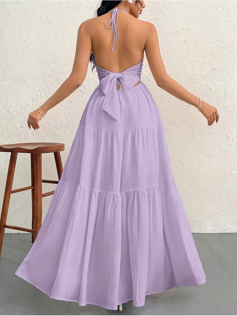 Violet Purple Chiffon Halter Backless Tiered Maxi Dress For Vacation Wedding Ceremony