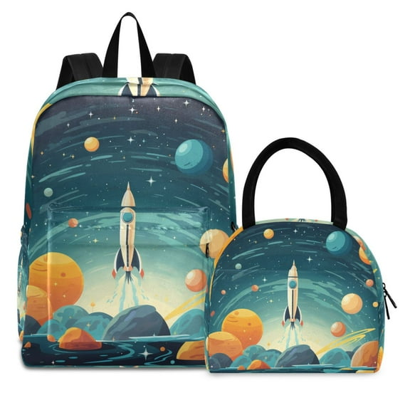 ALAZA Backpack Set Rocket and Space Elementary School Bags Student BookBag with Lunch Bag