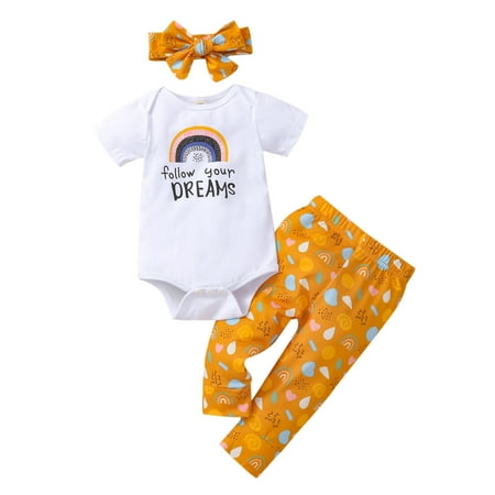 

Stamzod Toddler Baby Girl Cotton Rainbow Print Comfortable Clothes Bow Three-piece Suit Clearance Orange 100