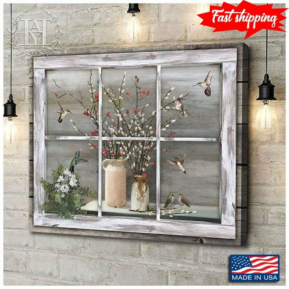 Vintage White Wooden Window Frame With Hummingbirds Flying Around Tiny Flowers 11 x 17 Inch Poster