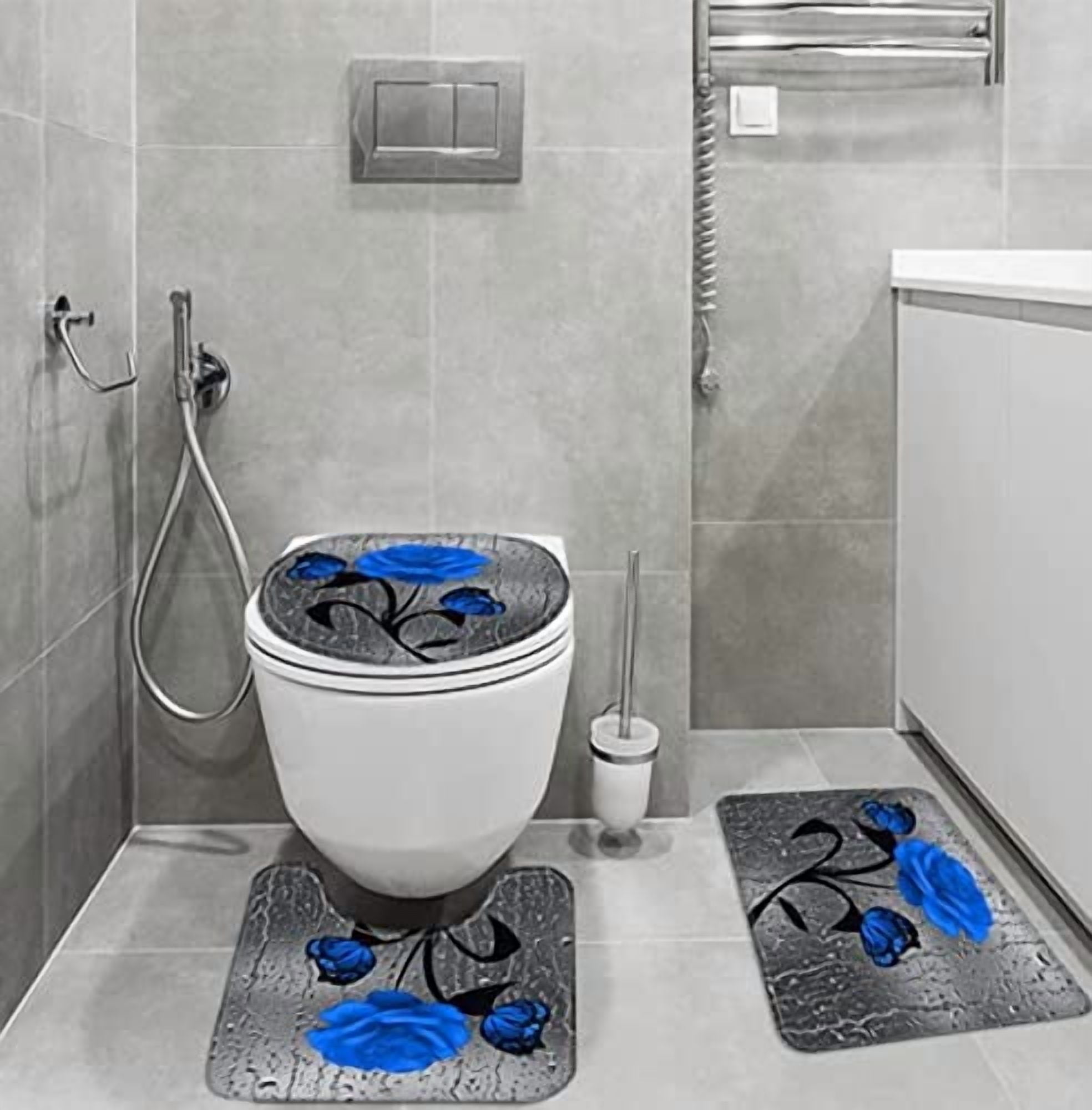 Blue Rose Shower Curtain Sets with Non-Slip Rugs, Toilet Lid Cover and Bath Mat, Nautical Ocean Shower Curtains with 12 Hook s, Durable Waterproof Bath Curtain (Blue Rose)…