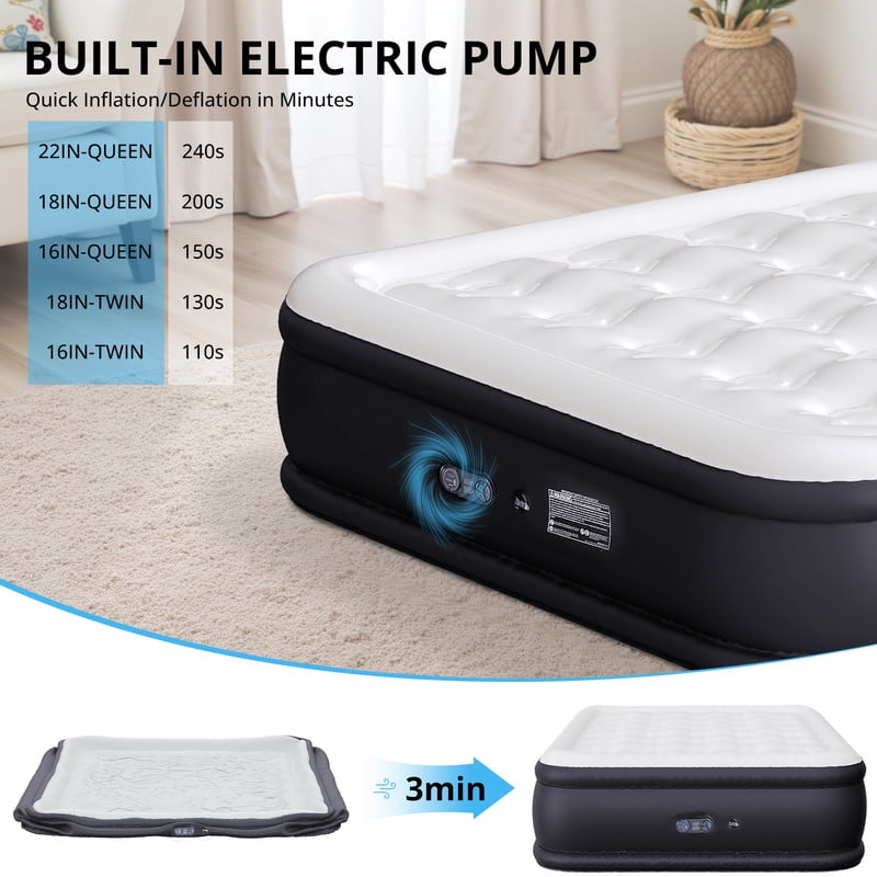 TINKLE WELL Queen Size Air Mattress with Built-in High Capacity Pump, 22" Extra Tall Raised Airbed, Non-Slip Bottom Design, Supports 660 lbs, Inflatable Mattress for Home, Camping and Travel