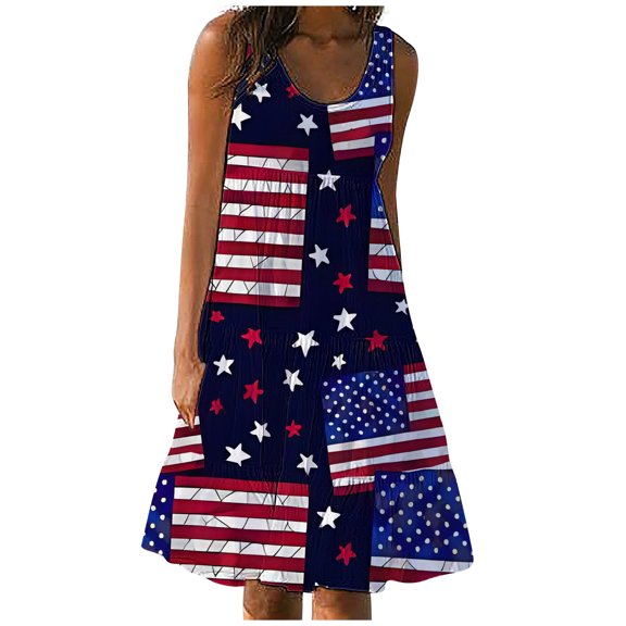 Wycnly Womens Independence Day Dresses 4th of July Patriotic High Waist Beach Swing Tank Dresses Fashion American Flag Print Crewneck Sleeveless Midi Summer Dress Blue s
