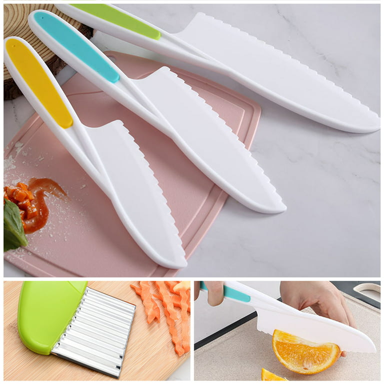 COZYMATE 6 Pieces Wooden Kids Knife for Cooking, Kid Safe Knives Cutting  Veggies Fruits Include Wood Kids Knife Plastic Potato Slicers Serrated  Edges