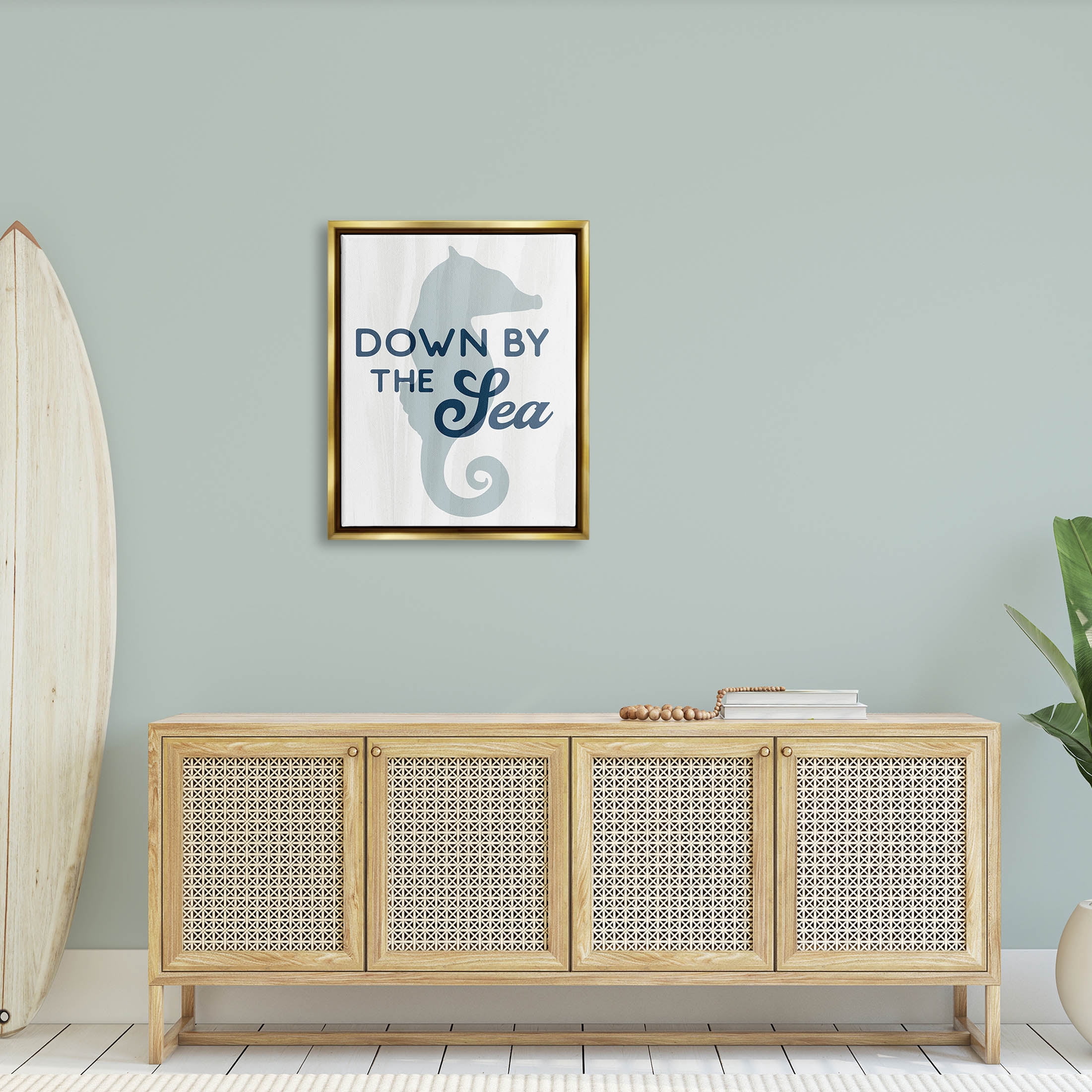Stupell Industries Down By The Sea Seahorse Graphic Art Metallic Gold Floating Framed Canvas Print Wall Art, Design by Lil' Rue
