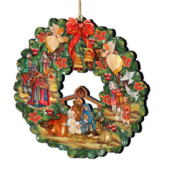 Designocracy Set of 2 Nativity Wreath Wooden Christmas Ornaments 5.5"