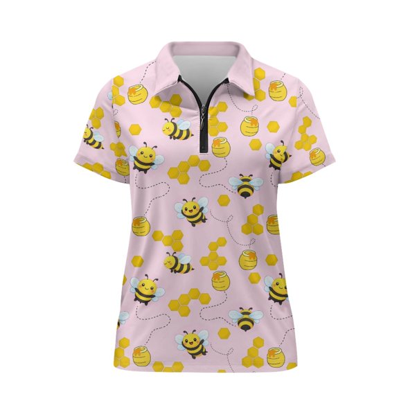CHAQLIN Bee Honeycomb Honey Pot Print Womens Golf Shirt for Tennis Bowling, Soft Polyester Polo Shirts Skin Friendly Breathable Golf Polo Tops