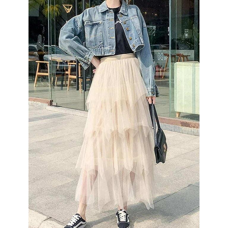 YiLvUst Women's Tulle Skirt Elastic High Waist Tiered Layered Mesh Ballet Prom Party Tulle Tutu A-line Midi Skir