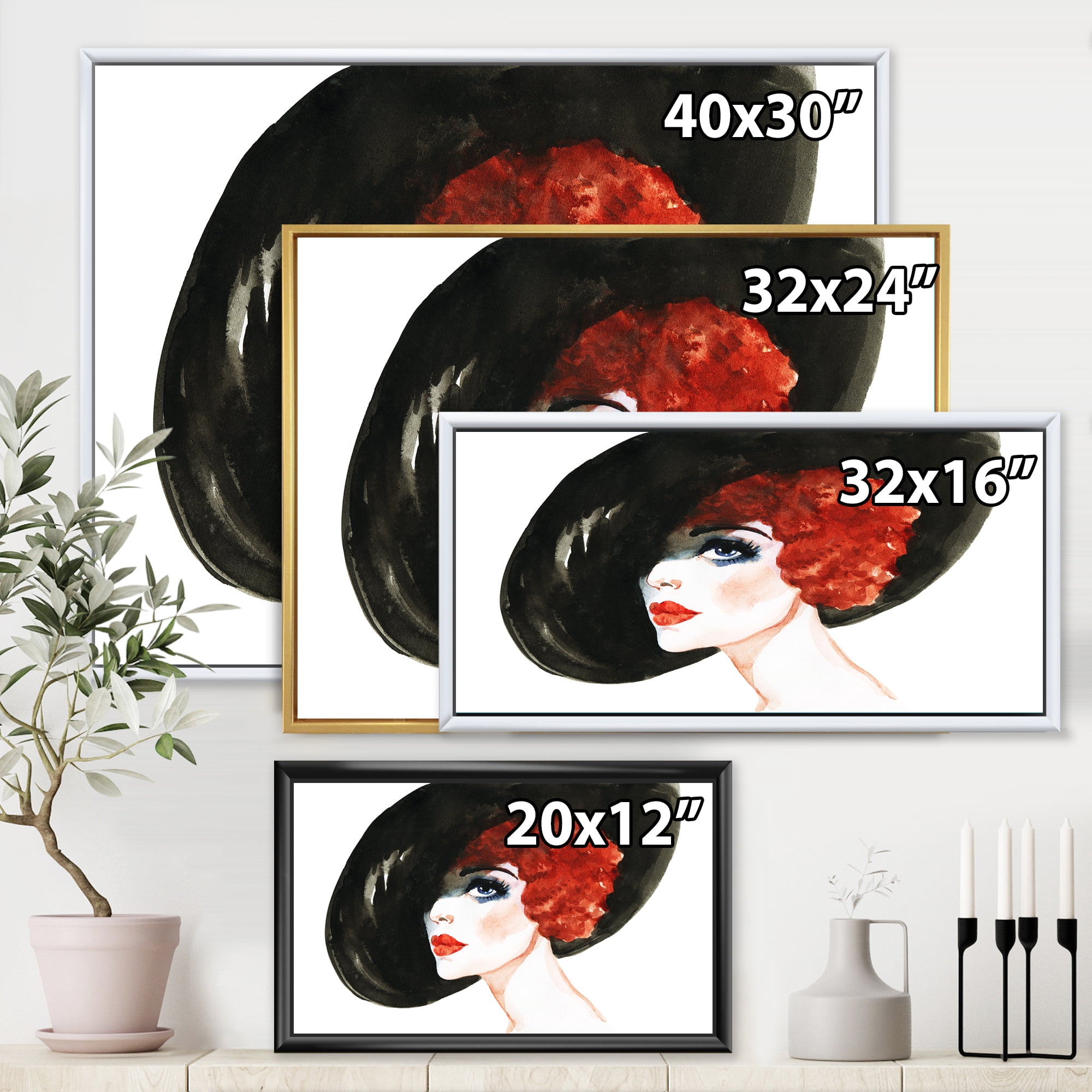 Designart 'Portrait of Woman Red Head Lady In Hat' Modern Framed Canvas Wall Art Print