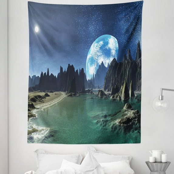 Fantasy Tapestry, Tranquil Futuristic View of Earth Rising from Alien Shores Sci Fi Theme, Fabric Wall Hanging Decor for Bedroom Living Room Dorm, 5 Sizes, Dark Blue Jade Green, by Ambesonne