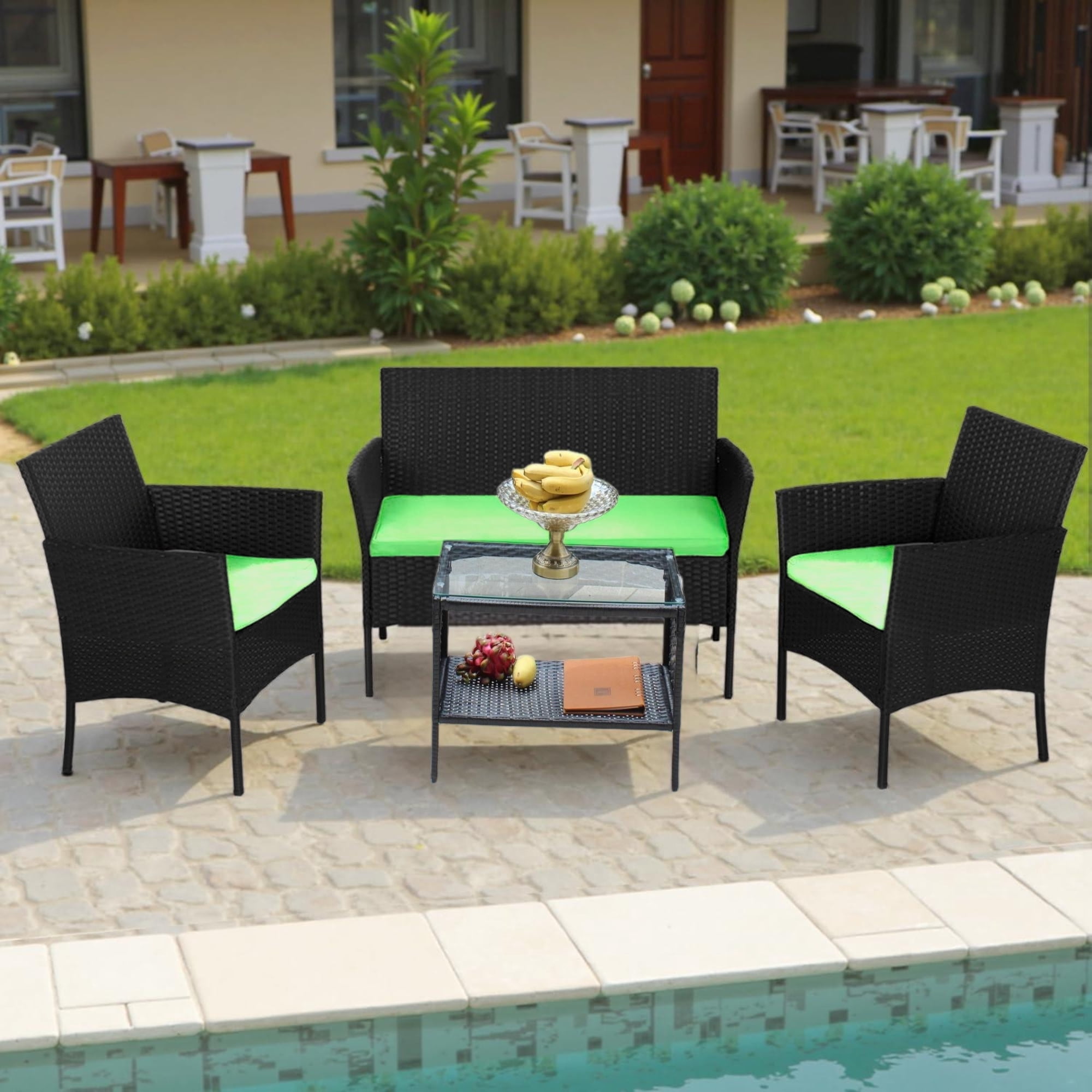 Aukfa 4 Piece Rattan Outdoor Sofa Patio Conversation Couch Set with 2-Tier Coffee Table&Green Cushion