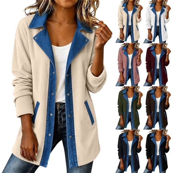 MaFYtyTPR Women Corduroy Jacket Patchwork Denim Long Sleeve Button Down Cardigan with Pockets Casual Fall Outerwear A-Army Green L